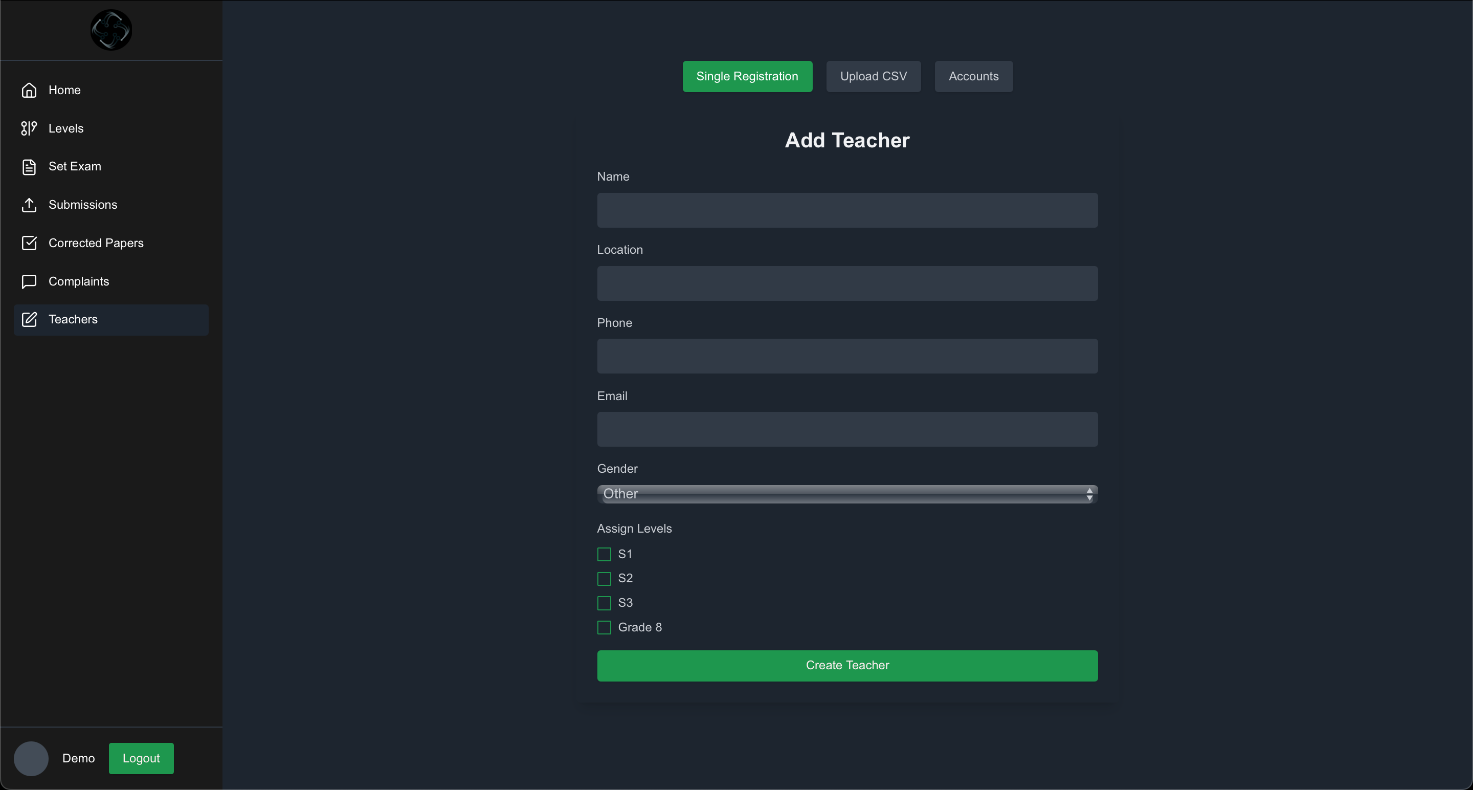 Teacher Single Registration Interface